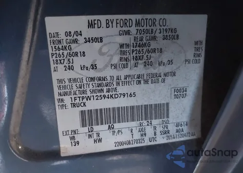 2004 Ford F-150 Lariat/Xlt from USA, damaged, VIN 1FTPW12594KD79165